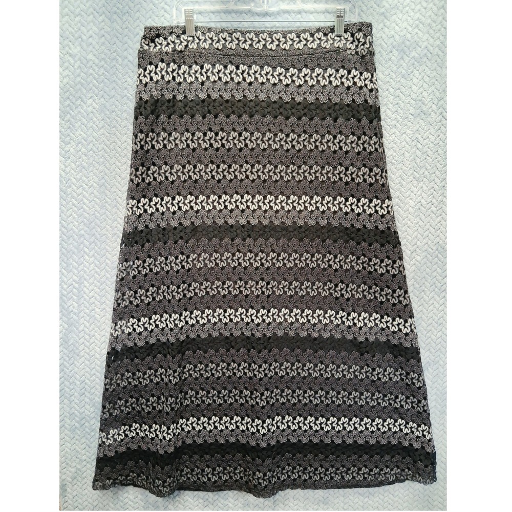 Cato Womens Large Black Silver Crochet Lace Maxi Skirt Metallic Lined A-Line